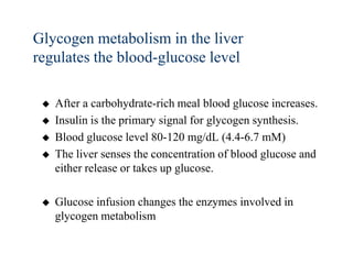 Glycogen metabolism in the liver
regulates the blood-glucose level

    After a carbohydrate-rich meal blood glucose increases.
    Insulin is the primary signal for glycogen synthesis.
    Blood glucose level 80-120 mg/dL (4.4-6.7 mM)
    The liver senses the concentration of blood glucose and
     either release or takes up glucose.

    Glucose infusion changes the enzymes involved in
     glycogen metabolism
 