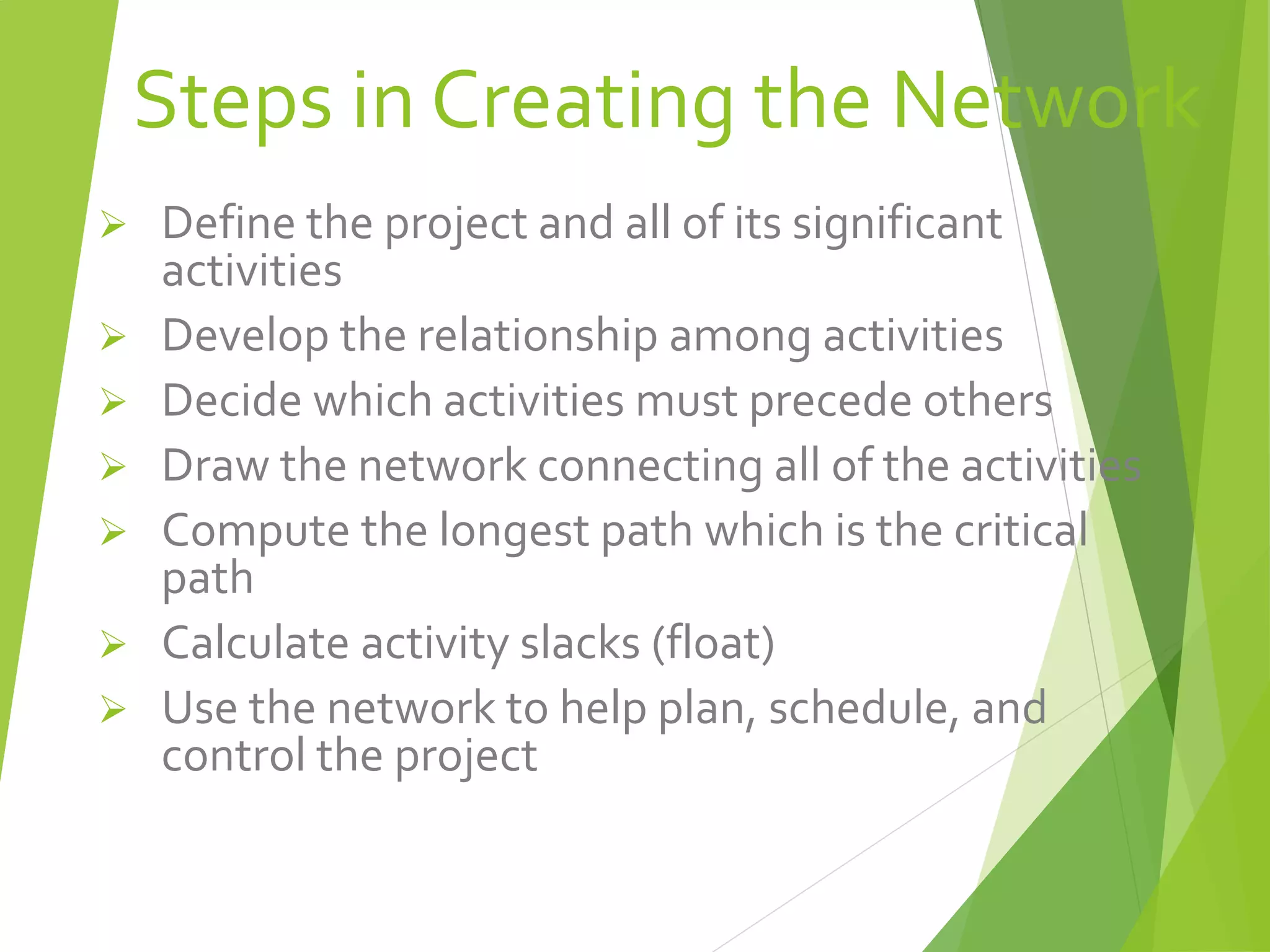 Steps in Creating the Network
 Define the project and all of its significant
activities
 Develop the relationship among activities
 Decide which activities must precede others
 Draw the network connecting all of the activities
 Compute the longest path which is the critical
path
 Calculate activity slacks (float)
 Use the network to help plan, schedule, and
control the project
 