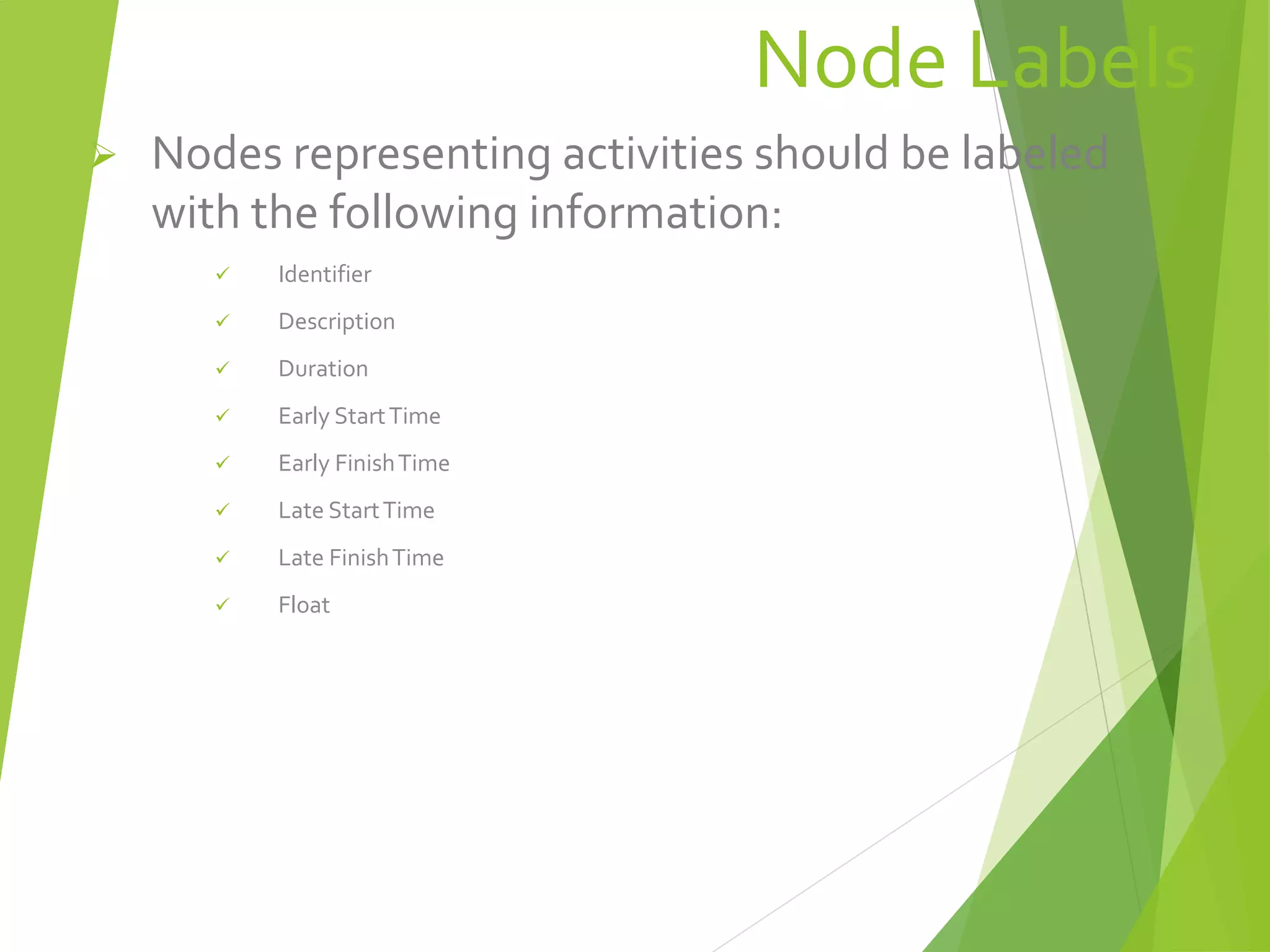 Node Labels
 Nodes representing activities should be labeled
with the following information:
 Identifier
 Description
 Duration
 Early StartTime
 Early FinishTime
 Late StartTime
 Late FinishTime
 Float
 