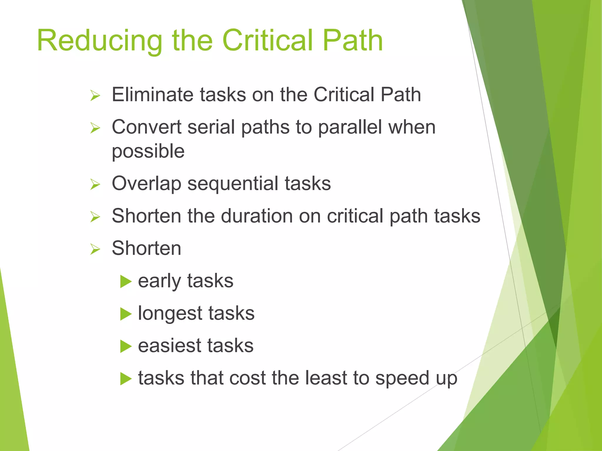 Reducing the Critical Path
 Eliminate tasks on the Critical Path
 Convert serial paths to parallel when
possible
 Overlap sequential tasks
 Shorten the duration on critical path tasks
 Shorten
 early tasks
 longest tasks
 easiest tasks
 tasks that cost the least to speed up
 