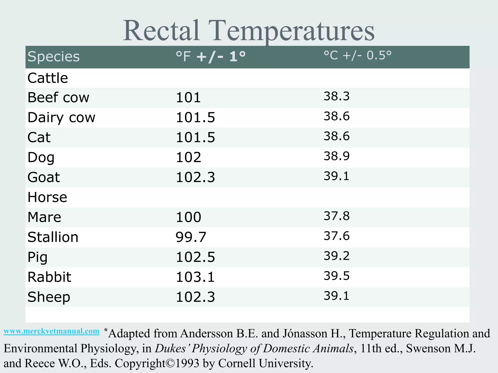 Rectal Temperatures
     Species                      °F +/- 1°                 °C +/- 0.5°
     Cattle
     Beef cow                     101                       38.3
     Dairy cow                    101.5                     38.6
     Cat                          101.5                     38.6
     Dog                          102                       38.9
     Goat                         102.3                     39.1
     Horse
     Mare                         100                       37.8
     Stallion                     99.7                      37.6
     Pig                          102.5                     39.2
     Rabbit                       103.1                     39.5
     Sheep                        102.3                     39.1

www.merckvetmanual.com *Adapted
                             from Andersson B.E. and Jónasson H., Temperature Regulation and
Environmental Physiology, in Dukes’ Physiology of Domestic Animals, 11th ed., Swenson M.J.
and Reece W.O., Eds. Copyright©1993 by Cornell University.
 