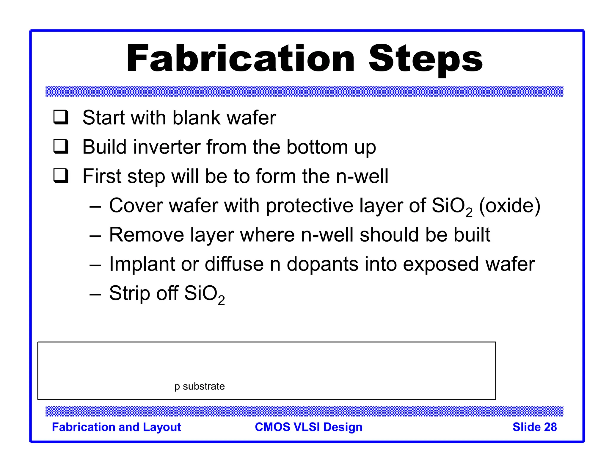 CMOS VLSI Design
Fabrication and Layout Slide 28
Fabrication Steps
 Start with blank wafer
 Build inverter from the bottom up
 First step will be to form the n-well
– Cover wafer with protective layer of SiO2 (oxide)
– Remove layer where n-well should be built
– Implant or diffuse n dopants into exposed wafer
– Strip off SiO2
p substrate
 