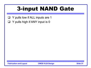 CMOS VLSI Design
Fabrication and Layout Slide 21
3-input NAND Gate
 Y pulls low if ALL inputs are 1
 Y pulls high if ANY input is 0
 