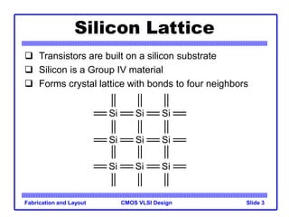 CMOS VLSI Design
Fabrication and Layout Slide 3
Silicon Lattice
 Transistors are built on a silicon substrate
 Silicon is a Group IV material
 Forms crystal lattice with bonds to four neighbors
Si Si
Si
Si Si
Si
Si Si
Si
 