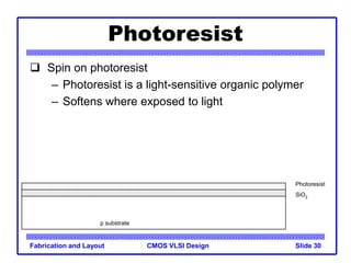 CMOS VLSI Design
Fabrication and Layout Slide 30
Photoresist
 Spin on photoresist
– Photoresist is a light-sensitive organic polymer
– Softens where exposed to light
p substrate
SiO2
Photoresist
 