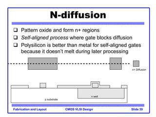 CMOS VLSI Design
Fabrication and Layout Slide 39
N-diffusion
 Pattern oxide and form n+ regions
 Self-aligned process where gate blocks diffusion
 Polysilicon is better than metal for self-aligned gates
because it doesn’t melt during later processing
p substrate
n well
n+ Diffusion
 