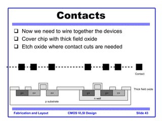 CMOS VLSI Design
Fabrication and Layout Slide 43
Contacts
 Now we need to wire together the devices
 Cover chip with thick field oxide
 Etch oxide where contact cuts are needed
p substrate
Thick field oxide
n well
n+
n+ n+
p+
p+
p+
Contact
 