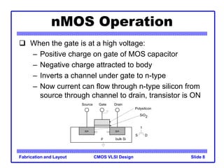 CMOS VLSI Design
Fabrication and Layout Slide 8
nMOS Operation
 When the gate is at a high voltage:
– Positive charge on gate of MOS capacitor
– Negative charge attracted to body
– Inverts a channel under gate to n-type
– Now current can flow through n-type silicon from
source through channel to drain, transistor is ON
n+
p
Gate
Source Drain
bulk Si
SiO2
Polysilicon
n+
D
1
S
 