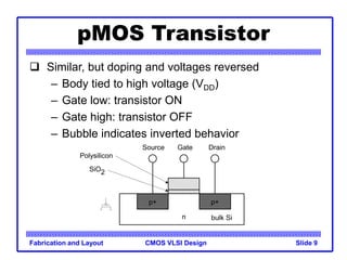 CMOS VLSI Design
Fabrication and Layout Slide 9
pMOS Transistor
 Similar, but doping and voltages reversed
– Body tied to high voltage (VDD)
– Gate low: transistor ON
– Gate high: transistor OFF
– Bubble indicates inverted behavior
SiO2
n
Gate
Source Drain
bulk Si
Polysilicon
p+ p+
 