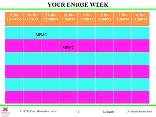 8
YOUR EN103E WEEK
9.30-
10.30AM
10.30-
11.30AM
11.30-
12.30PM
12.30-
1.30PM
1.30-
2.30PM
2.30-
3.30PM
3.30-
4.30PM
4.30-
5.30PM
MPMC
MPMC
1/24/2023
ADYPU, Pune, Maharashtra, India Dr. Susanta kumar Rout
 