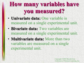 How many variables have you measured? Univariate data:   One variable is measured on a single experimental unit. Bivariate data:   Two variables are measured on a single experimental unit. Multivariate data:   More than two variables are measured on a single experimental unit. 