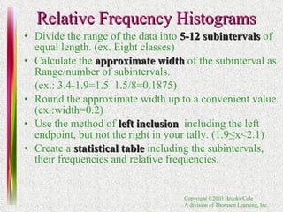 Relative Frequency Histograms Divide the range of the data into   5-12   subintervals   of equal length. (ex. Eight classes) Calculate the   approximate width   of the subinterval as Range/number of subintervals. (ex.: 3.4-1.9=1.5  1.5/8=0.1875) Round the approximate width up to a convenient value. (ex.:width=0.2) Use the method of   left inclusion ,   including the left endpoint, but not the right in your tally. (1.9≤x<2.1) Create a   statistical table   including the subintervals, their frequencies and relative frequencies. 