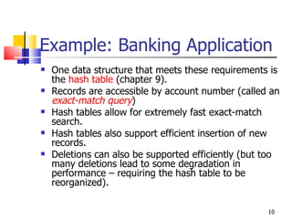 Example: Banking Application <ul><li>One data structure that meets these requirements is the  hash table  (chapter 9). </l...