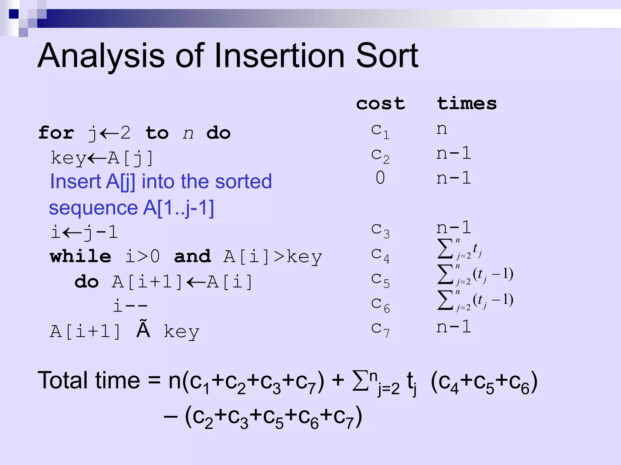 Analysis of Insertion Sort
                               cost   times
for j 2 to n do                 c1    n
 key A[j]                       c2    n-1
 Insert A[j] into the sorted     0    n-1
 sequence A[1..j-1]
 i j-1                          c3    n-1
                                        n

 while i>0 and A[i]>key         c4      j 2 j
                                              t
                                        n

    do A[i+1] A[i]              c5      j 2
                                              (t j 1)
                                        n
        i--                     c6      j 2
                                              (t j 1)

 A[i+1] Ã key                   c7    n-1

Total time = n(c1+c2+c3+c7) + nj=2 tj (c4+c5+c6)
            – (c2+c3+c5+c6+c7)
 