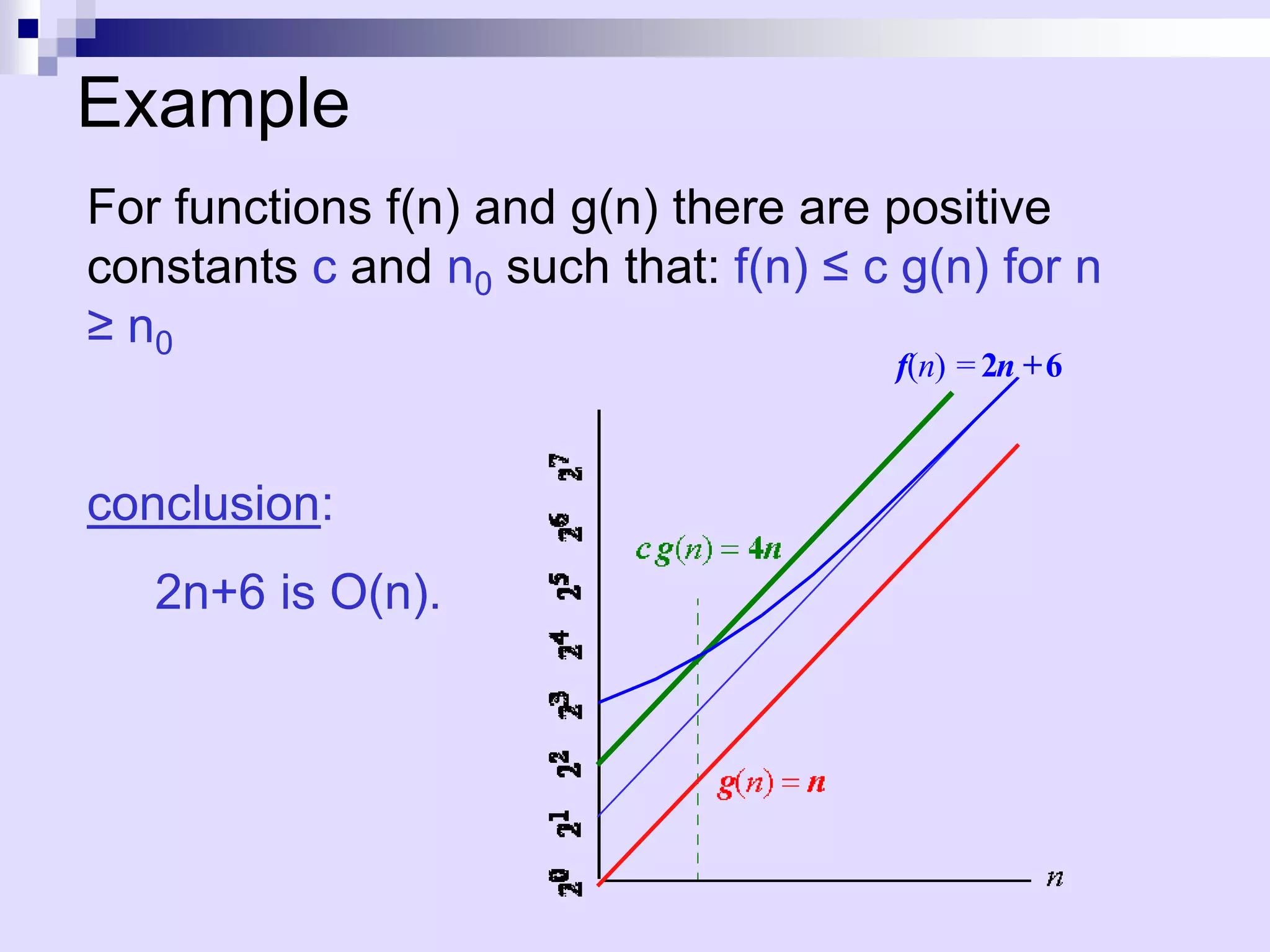 Example
For functions f(n) and g(n) there are positive
constants c and n0 such that: f(n) ≤ c g(n) for n
≥ n0
                                       f(n) = 2n + 6



conclusion:
   2n+6 is O(n).
 