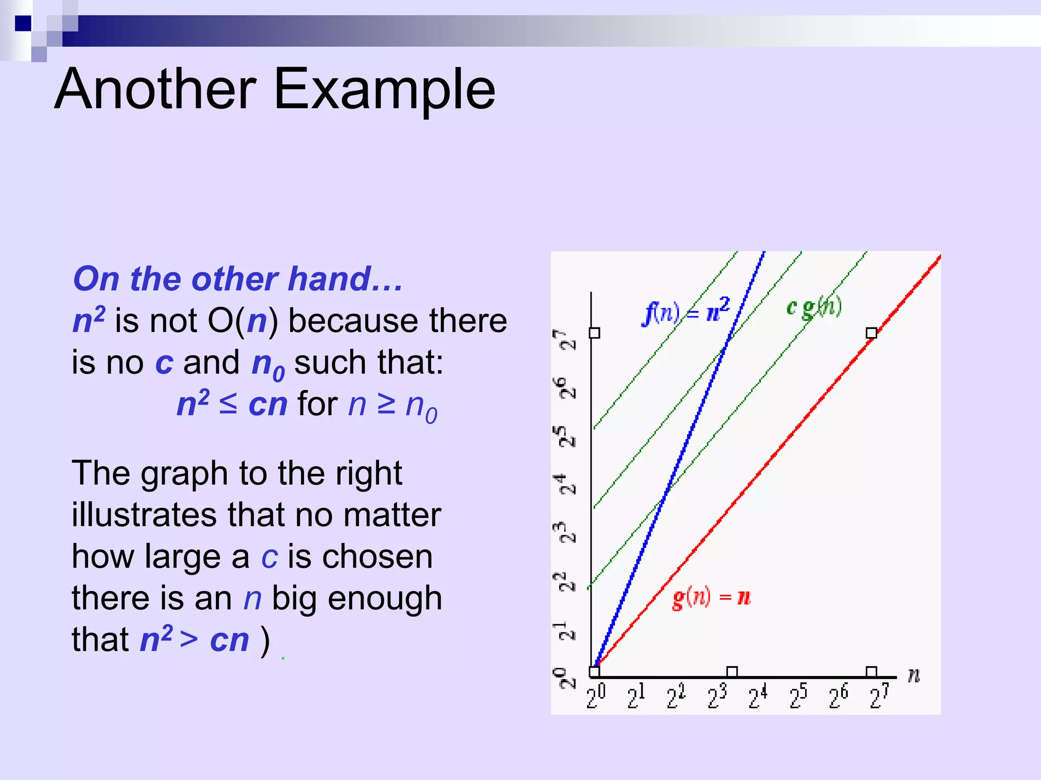 Another Example


On the other hand…
n2 is not O(n) because there
is no c and n0 such that:
       n2 ≤ cn for n ≥ n0

The graph to the right
illustrates that no matter
how large a c is chosen
there is an n big enough
that n2 > cn ) .
 