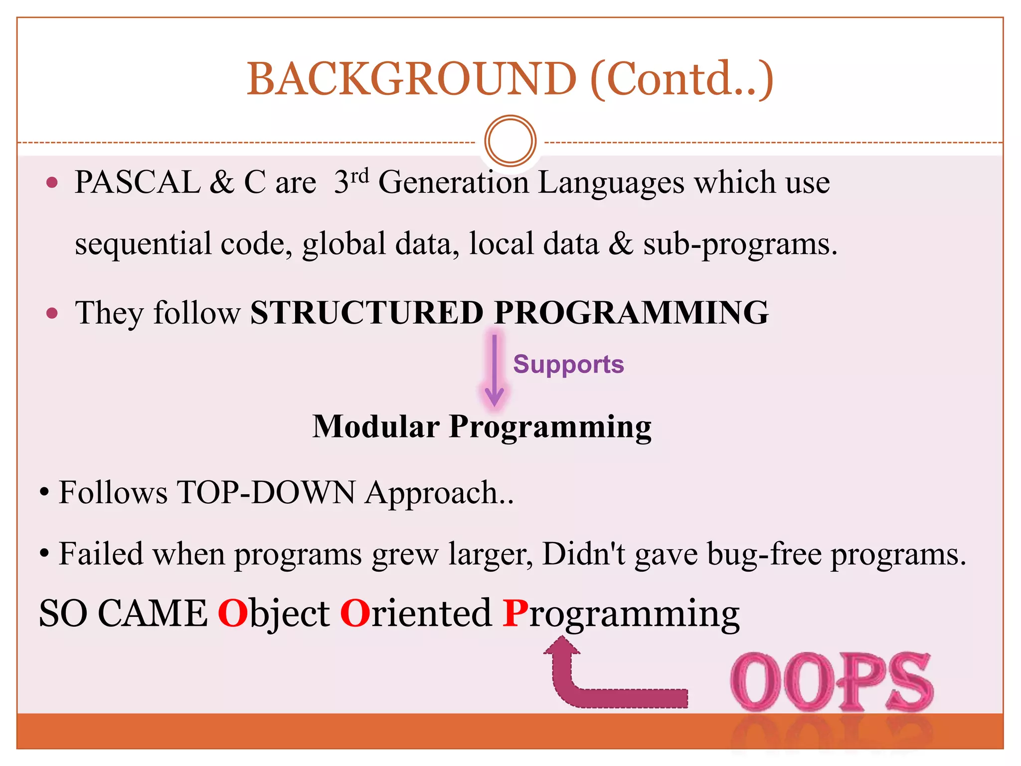 BACKGROUND (Contd..)  PASCAL & C are 3rd Generation Languages which use sequential code, global data, local data & sub-programs.  They follow STRUCTURED PROGRAMMING Supports Modular Programming • Follows TOP-DOWN Approach.. • Failed when programs grew larger, Didn't gave bug-free programs. SO CAME Object Oriented Programming 
