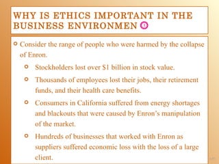 WHY IS ETHICS IMPORTANT IN THE
BUSINESS ENVIRONMENT?
   Consider the range of people who were harmed by the collapse
    of Enron.
        Stockholders lost over $1 billion in stock value.
        Thousands of employees lost their jobs, their retirement
         funds, and their health care benefits.
        Consumers in California suffered from energy shortages
         and blackouts that were caused by Enron’s manipulation
         of the market.
        Hundreds of businesses that worked with Enron as
         suppliers suffered economic loss with the loss of a large
         client.                                                     1-27
 