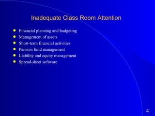 Inadequate Class Room Attention Financial planning and budgeting Management of assets Short-term financial activities Pension fund management Liability and equity management  Spread-sheet software 