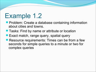 Example 1.2
Problem: Create a database containing information

about cities and towns.
Tasks: Find by name or attribute or location
Exact match, range query, spatial query
Resource requirements: Times can be from a few
seconds for simple queries to a minute or two for
complex queries

 