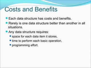 Costs and Benefits
Each data structure has costs and benefits.
Rarely is one data structure better than another in all

situations.
Any data structure requires:
space for each data item it stores,
time to perform each basic operation,
programming effort.

 