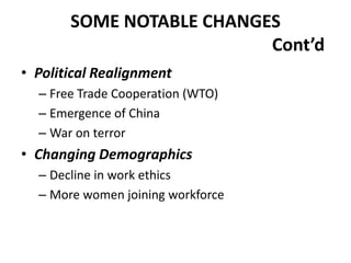SOME NOTABLE CHANGES
Cont’d
• Political Realignment
– Free Trade Cooperation (WTO)
– Emergence of China
– War on terror

• Changing Demographics
– Decline in work ethics
– More women joining workforce

 
