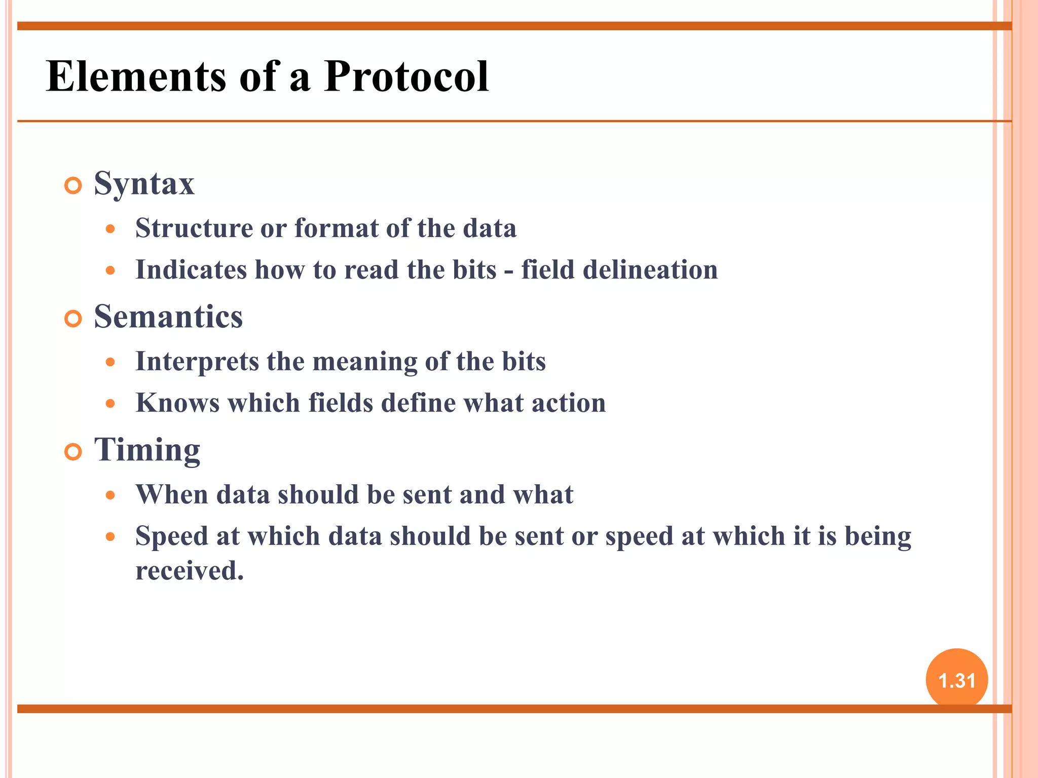  Syntax 
 Structure or format of the data 
 Indicates how to read the bits - field delineation 
 Semantics 
 Interprets the meaning of the bits 
 Knows which fields define what action 
 Timing 
 When data should be sent and what 
 Speed at which data should be sent or speed at which it is being 
received. 
1.31 
Elements of a Protocol 
