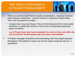 The Triple ConsTrainTs
of projeCT ManageMenT
• There is a common belief that the Quality considerations , including Customer
and/or Sponsor satisfaction , must be inherent in setting the Project Scope,
Time, and Cost goals of a project.
• A project team may meet Scope, Time and Cost Goals but fail to meet quality
standards or satisfy their sponsor, if they have not adequately addressed
these constraints.
e.g. A Project team may have completed the work on time and within the
cost constraint, but the quality may have been unacceptable.
 A Project manager should be communicating with the project sponsor
throughout the project to make sure that the project meets the sponsor `s
expectation.
1-13
 