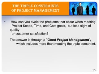 The Triple ConsTrainTs
of projeCT ManageMenT
• How can you avoid the problems that occur when meeting
Project Scope, Time, and Cost goals, but lose sight of
quality
or customer satisfaction?
The answer is through a `Good Project Management`,
which includes more than meeting the triple constraint,
1-14
 