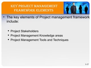 key projeCT ManageMenT
fraMeWork eleMenTs
• The key elements of Project management framework
include:
 Project Stakeholders
 Project Management Knowledge areas
 Project Management Tools and Techniques
1-17
 