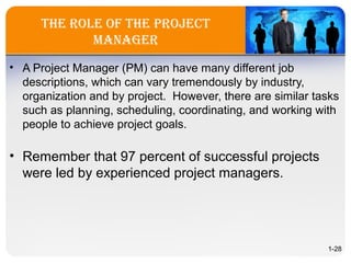 the role oF the Project
Manager
• A Project Manager (PM) can have many different job
descriptions, which can vary tremendously by industry,
organization and by project. However, there are similar tasks
such as planning, scheduling, coordinating, and working with
people to achieve project goals.
• Remember that 97 percent of successful projects
were led by experienced project managers.
1-28
 