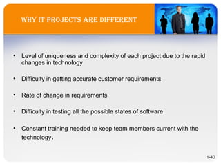 WHY it ProjectS are different
• Level of uniqueness and complexity of each project due to the rapid
changes in technology
• Difficulty in getting accurate customer requirements
• Rate of change in requirements
• Difficulty in testing all the possible states of software
• Constant training needed to keep team members current with the
technology.
1-40
 