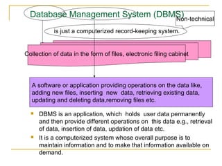  DBMS is an application, which holds user data permanently
and then provide different operations on this data e.g., retrieval
of data, insertion of data, updation of data etc.
 It is a computerized system whose overall purpose is to
maintain information and to make that information available on
demand.
Database Management System (DBMS)
is just a computerized record-keeping system.
Non-technical
Collection of data in the form of files, electronic filing cabinet
A software or application providing operations on the data like,
adding new files, inserting new data, retrieving existing data,
updating and deleting data,removing files etc.
 