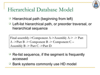 Hierarchical Database Model
 Hierarchical path (beginning from left)
 Left-list hierarchical path, or preorder traversal, or
hierarchical sequence
 Re-list sequence, if the segment is frequently
accessed
 Bank systems commonly use HD model
Final assembly->Component A->Assembly A-> -> PartFinal assembly->Component A->Assembly A-> -> Part
A ->Part B -> Component B -> Component C –A ->Part B -> Component B -> Component C –
Assembly B -> Part C ->Part DAssembly B -> Part C ->Part D
 