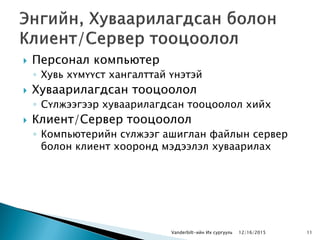  Персонал компьютер
◦ Хувь хүмүүст хангалттай үнэтэй
 Хуваарилагдсан тооцоолол
◦ Сүлжээгээр хуваарилагдсан тооцоолол хийх
 Клиент/Сервер тооцоолол
◦ Компьютерийн сүлжээг ашиглан файлын сервер
болон клиент хооронд мэдээлэл хуваарилах
Vanderbilt-ийн Их сургууль 1112/16/2015
 
