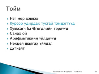 Нэг мөр хэвлэх
 Курсор удирдах тусгай тэмдэгтүүд
 Хувьсагч ба Өгөгдлийн төрлүүд
 Санах ой
 Арифметикийн үйлдлүүд
 Нөхцөл шалгах үйлдэл
 Дүгнэлт
Vanderbilt-ийн Их сургууль 2812/16/2015
 