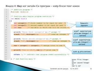 Vanderbilt-ийн Их сургууль
Хувьсагч
зарлалт
scanf хэрэглэгчээс
утга авч integer1-т
олгоно
scanf хэрэглэгчээс
утга авч integer2-т
олгоно
sum-д утга олгоно
12/16/2015 33
 