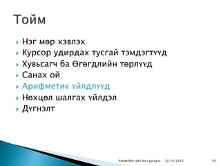  Нэг мөр хэвлэх
 Курсор удирдах тусгай тэмдэгтүүд
 Хувьсагч ба Өгөгдлийн төрлүүд
 Санах ой
 Арифметик үйлдлүүд
 Нөхцөл шалгах үйлдэл
 Дүгнэлт
Vanderbilt-ийн Их сургууль 12/16/2015 39
 