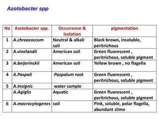 Azotobacter spp
No Azotobacter spp. Occurrence &
Isolation
pigmentation
1 A.chroococcum Neutral & alkali
soil
Black brown, insoluble,
peritrichous
2 A.vinelandii American soil Green fluorescent ,
peritrichous, soluble pigment
3 A.beijerinckii American soil Yellow brown , no flagella
4 A.Paspali Paspalum root Green fluorescent ,
peritrichous, soluble pigment
5 A.Insignis water sample
A.Agiglis Aquatic Green fluorescent ,
peritrichous, soluble pigment
6 A.macrocytogenes soil Pink, soluble, polar flagella,
abundant slime
 