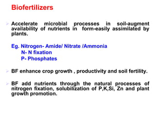 Biofertilizers
 Accelerate microbial processes in soil-augment
availability of nutrients in form-easily assimilated by
plants.
Eg. Nitrogen- Amide/ Nitrate /Ammonia
N- N fixation
P- Phosphates
 BF enhance crop growth , productivity and soil fertility.
 BF add nutrients through the natural processes of
nitrogen fixation, solubilization of P,K,Si, Zn and plant
growth promotion.
 