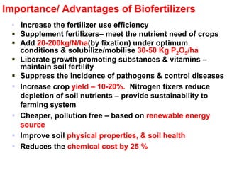 Importance/ Advantages of Biofertilizers
• Increase the fertilizer use efficiency
 Supplement fertilizers– meet the nutrient need of crops
 Add 20-200kg/N/ha(by fixation) under optimum
conditions & solubilize/mobilise 30-50 Kg P2O5/ha
 Liberate growth promoting substances & vitamins –
maintain soil fertility
 Suppress the incidence of pathogens & control diseases
 Increase crop yield – 10-20%. Nitrogen fixers reduce
depletion of soil nutrients – provide sustainability to
farming system
 Cheaper, pollution free – based on renewable energy
source
 Improve soil physical properties, & soil health
 Reduces the chemical cost by 25 %
 