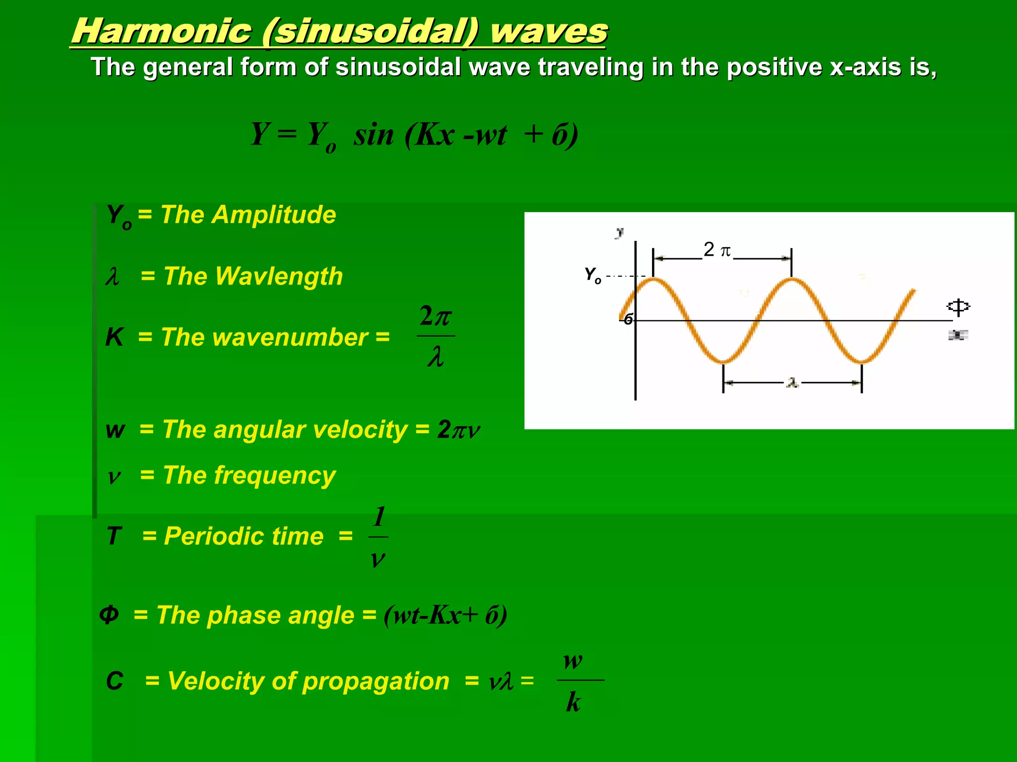 Harmonic (sinusoidal) wavesHarmonic (sinusoidal) waves
The general form of sinusoidal wave traveling in the positiveThe general form of sinusoidal wave traveling in the positive xx--axis is,axis is,
Y = Yo sin (Kx -wt + б)
Yo = The Amplitude
λ = The Wavlength
K = The wavenumber =
w = The angular velocity = 2πν
ν = The frequency
T = Periodic time =
Φ = The phase angle = (wt-Kx+ б)
C = Velocity of propagation = νλ =
2 π
Yo
бб
λ
π2
ν
1
k
w
 