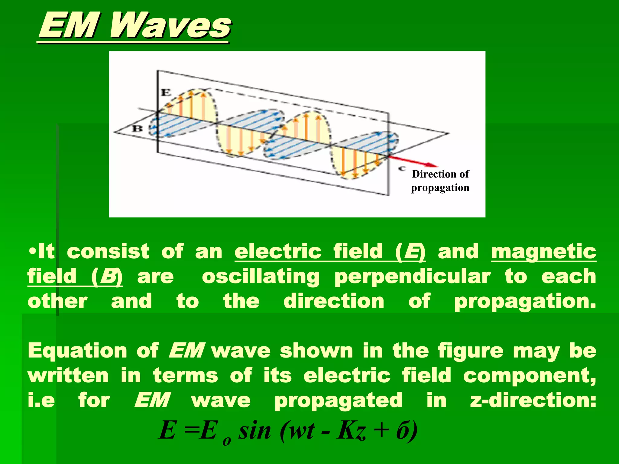 EM WavesEM Waves
Direction of
propagation
•It consist of an electric field (E) and magnetic
field (B) are oscillating perpendicular to each
other and to the direction of propagation.
Equation of EM wave shown in the figure may be
written in terms of its electric field component,
i.e for EM wave propagated in z-direction:
E =E o sin (wt - Kz + б)
 