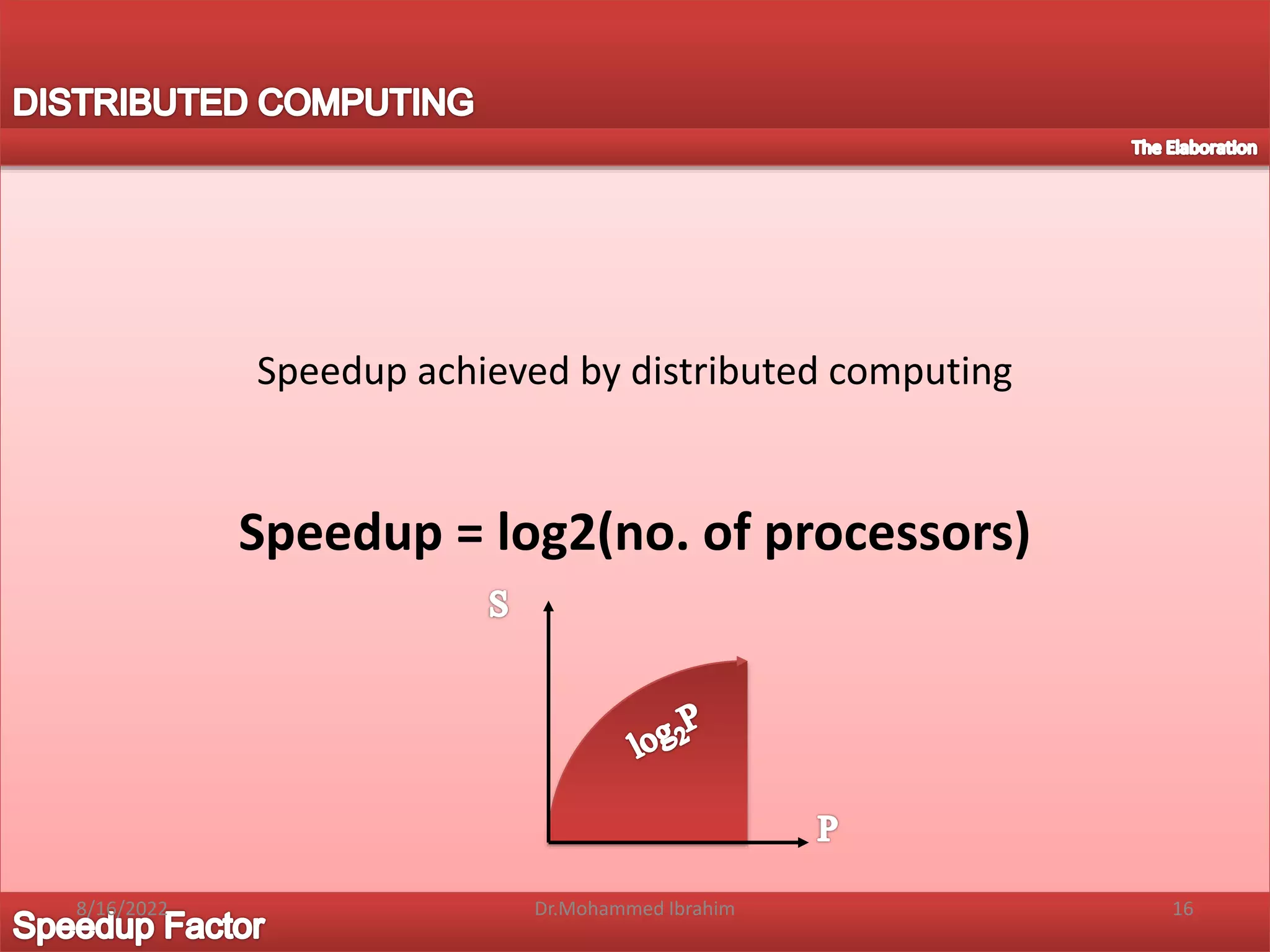 Speedup achieved by distributed computing
Speedup = log2(no. of processors)
8/16/2022 16
Dr.Mohammed Ibrahim
 