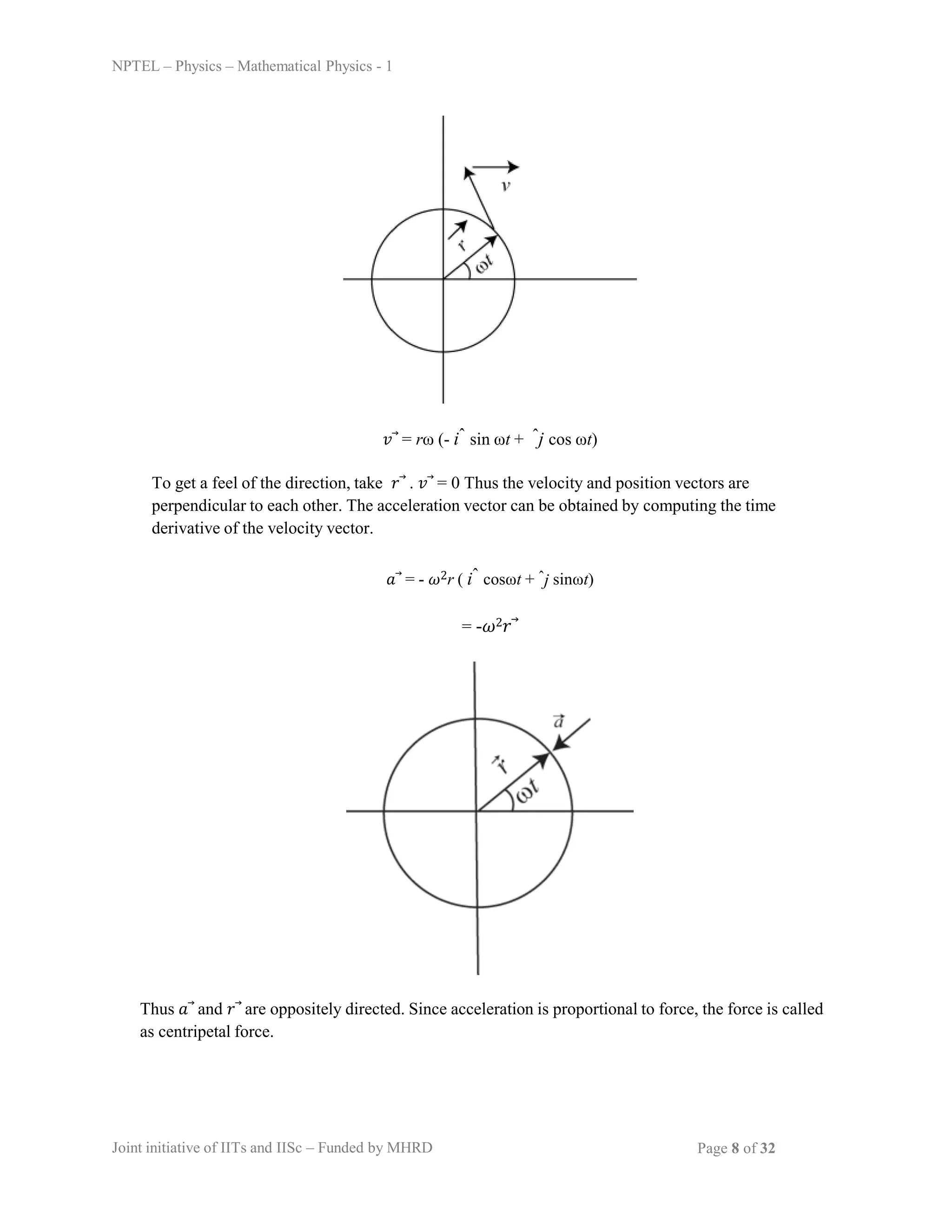 NPTEL – Physics – Mathematical Physics - 1
𝑣⃗ = rω (- iˆ sin ωt + ˆj cos ωt)
To get a feel of the direction, take 𝑟⃗ . 𝑣⃗ = 0 Thus the velocity and position vectors are
perpendicular to each other. The acceleration vector can be obtained by computing the time
derivative of the velocity vector.
𝑎⃗ = - 𝜔2r ( iˆ cosωt + ˆj sinωt)
= -𝜔2𝑟⃗
Thus 𝑎⃗ and 𝑟⃗ are oppositely directed. Since acceleration is proportional to force, the force is called
as centripetal force.
Joint initiative of IITs and IISc – Funded by MHRD Page 8 of 32
 