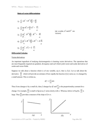 NPTEL – Physics – Mathematical Physics - 1
Rules of vector differentiation
1)
𝑑
𝑑𝑡
(𝐴⃗ + 𝐵⃗⃗) = +
𝑑𝐴
⃗
𝑑𝑡 𝑑𝑡
𝑑𝐵
⃗⃗
2)
𝑑
𝑑𝑡 𝑑𝑡
(𝜑 𝐴⃗) = 𝐴⃗ +
𝜑
𝑑𝜑 𝑑𝐴
⃗
𝑑𝑡
(𝜑: a scalar, 𝐴⃗ and 𝐵⃗⃗ are
vectors)
3)
𝑑
𝑑𝑡
(𝐴⃗ . 𝐵⃗⃗) = . 𝐵⃗⃗ +
𝐴⃗ .
𝑑𝐴
⃗
𝑑𝑡
𝑑𝐵
⃗⃗
𝑑𝑡
4)
𝑑
𝑑𝑡
(𝐴⃗ x 𝐵⃗⃗) = x 𝐵⃗⃗ + 𝐴
⃗ x
𝑑𝐴
⃗
𝑑𝑡
𝑑𝐵
⃗⃗
𝑑𝑡
5)
𝑑
𝑑𝑡
(𝐴⃗ . 𝐴⃗) = 2
𝐴⃗ .
𝑑𝐴
⃗
𝑑𝑡
Differential Calculus
Vector derivatives
An important ingredient of studying electromagnetics is learning vector derivatives. The operations that
are most frequently required are gradient, divergence and curl which yield vector and scalar derivatives of
scalar and vector fields.
Suppose we talk about a function which is of one variable, say 𝑥, that is 𝑓(𝑥). Let us talk about the
𝑑𝑓
derivative which will provide an estimate of how rapidly the function 𝑓(𝑥) varies as 𝑥 is changed by
𝑑𝑥
a small amount. This is written as,
𝑑𝑓 = ( 𝑑𝑓
)𝑑𝑥
𝑑𝑥
Thus if one changes 𝑥 by a small 𝑑𝑥, then 𝑓 changes by 𝑑𝑓 and
𝑑𝑓
is the proportionality constant for a
𝑑𝑥
change. For example, is small in fig (a) as 𝑓 varies slowly with 𝑥. Whereas, below in Fig (b), is
𝑑𝑓 𝑑𝑓
𝑑𝑥 𝑑𝑥
large. Thus provides a measure of the slope of 𝑓vs 𝑥.
𝑑𝑓
𝑑𝑥
Joint initiative of IITs and IISc – Funded by MHRD Page 10 of 32
 