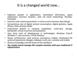 It is a changed world now…
• Explosive growth in applications: biomedical informatics, space
exploration, business analytics, web 2.0 social networking: YouTube,
Facebook
• Extreme scale content generation: e-science and e-business data deluge
• Extraordinary rate of digital content consumption: digital gluttony: Apple
iPhone, iPad, Amazon Kindle
• Exponential growth in compute capabilities: multi-core, storage,
bandwidth, virtual machines (virtualization)
• Very short cycle of obsolescence in technologies: Windows Vista
Windows 7; Java versions; CC#; Phython
• Newer architectures: web services, persistence models, distributed file
systems/repositories (Google, Hadoop), multi-core, wireless and mobile
• Diverse knowledge and skill levels of the workforce
• You simply cannot manage this complex situation with your traditional IT
infrastructure
6
 