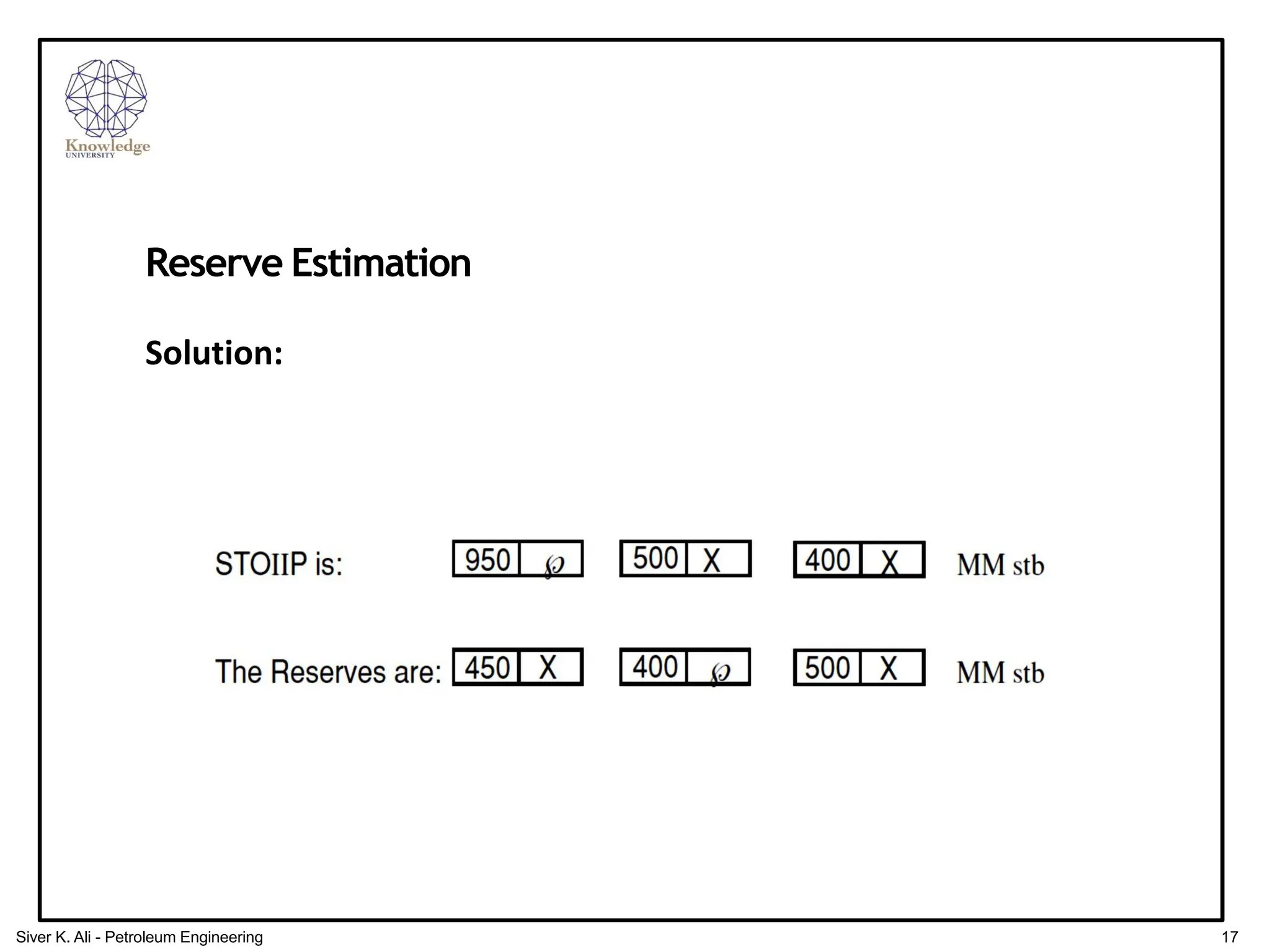 Reserve Estimation
Solution:
17
Siver K. Ali - Petroleum Engineering
 