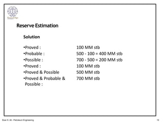 •Proved :
•Probable :
•Possible :
•Proved :
•Proved & Possible
•Proved & Probable &
Possible :
100 MM stb
500 - 100 = 400 MM stb
700 - 500 = 200 MM stb
100 MM stb
500 MM stb
700 MM stb
Solution
Reserve Estimation
19
Siver K. Ali - Petroleum Engineering
 