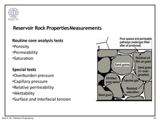 Reservoir Rock PropertiesMeasurements
Routine core analysis tests
•Porosity
•Permeability
•Saturation
Special tests
•Overburden pressure
•Capillary pressure
•Relative permeability
•Wettability
•Surface and interfacial tension
30
Siver K. Ali - Petroleum Engineering
 